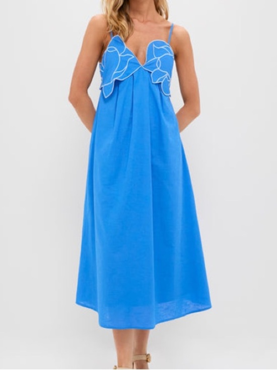 English Factory Dresses & Skirts - English Factory Linen Blend Flower Applique Iris Maxi Dress Sleeveless Sea Blue